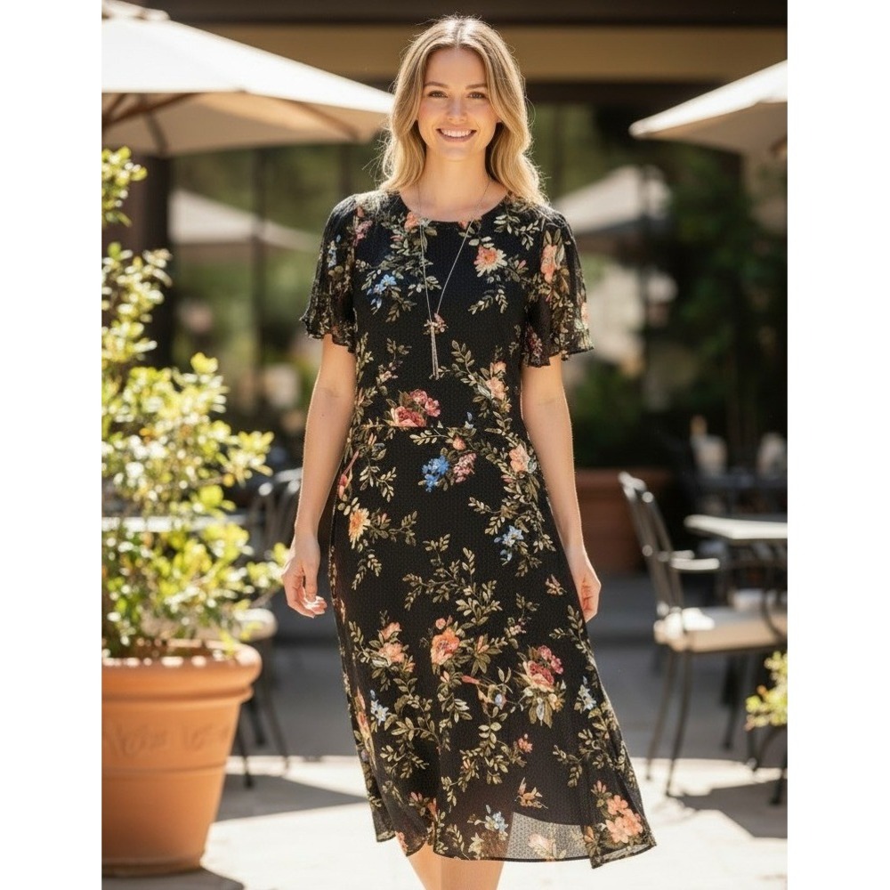 HM Black Floral Bird Print Swiss Dot Midi Dress Flutter Sleeve Button Shoulder